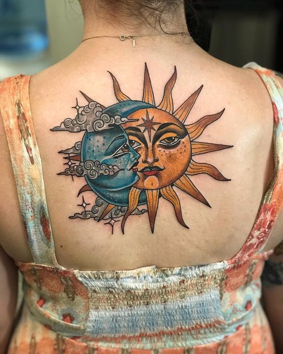 beautiful big sun and moon tattoo design on back