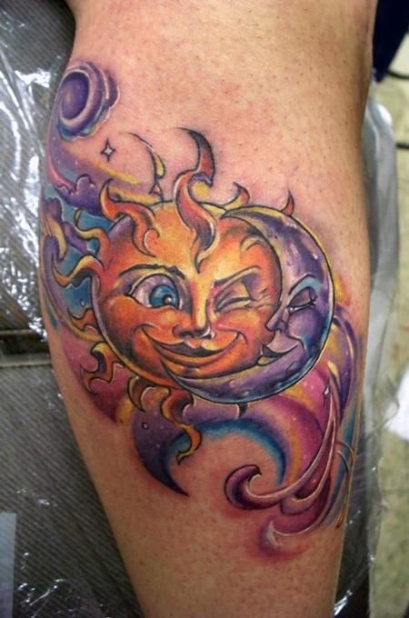 sun and moon tattoo design on leg