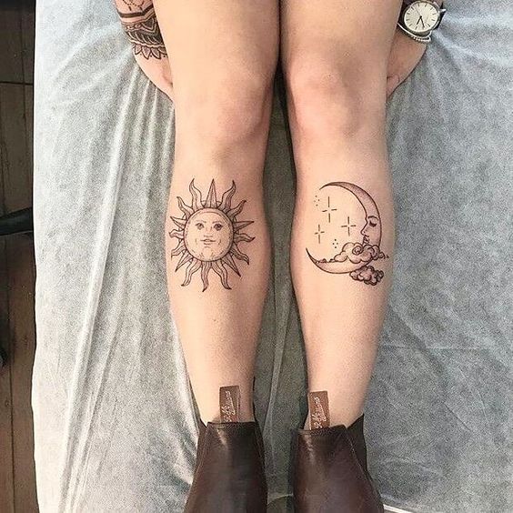 sun and moon tattoo design below knee