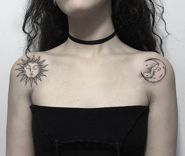 sun and moon tattoo design on shoulder for females