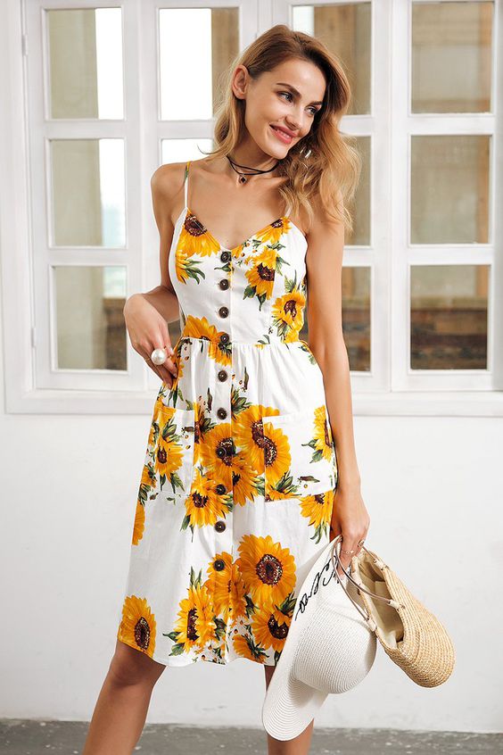 sunflower print strap v-neck cotton dress