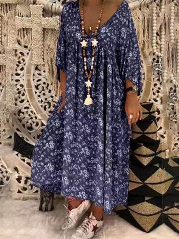 v neck printed loose half sleeve cotton maxi dress