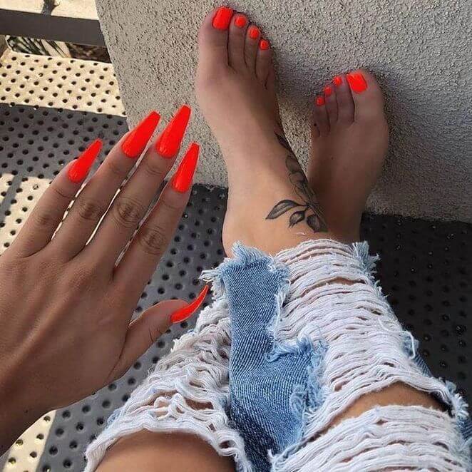 neon orange acrylic coffin nails