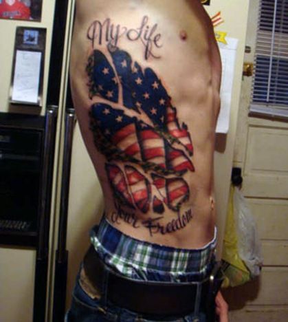 american flag tattoo design with quote on side for men