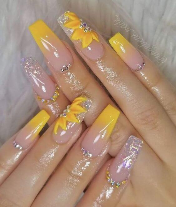 nude acrylic coffin yellow nails with sunflowers for summer