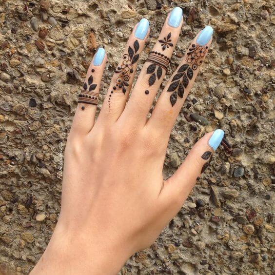 stylish ring style mehndi designs on fingers
