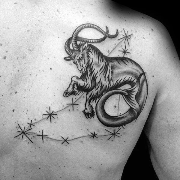 zodiac capricorn goat with fish tail tattoo back shoulder blade