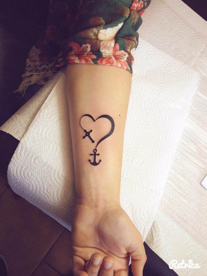 cross heart anchor tattoo on inner forearm