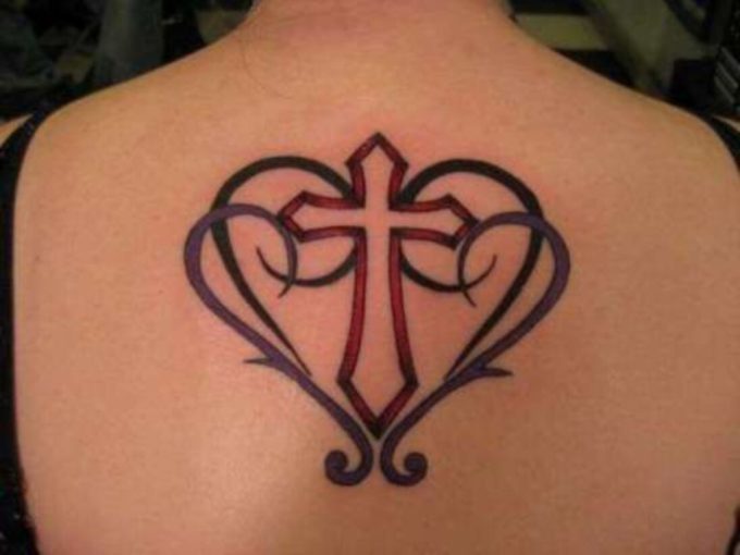 girly cross heart tattoo design on back