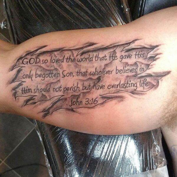 bible scripture tattoo on bicep for men