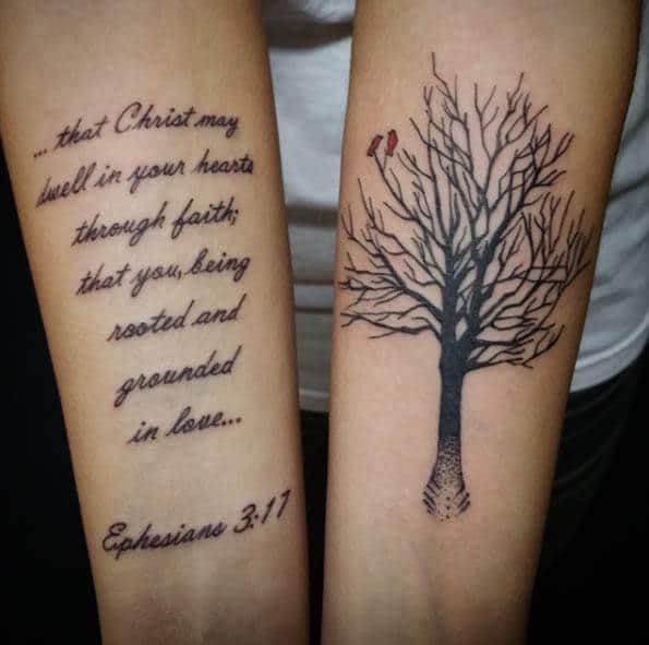 christ scripture tattoo on forearm with tree