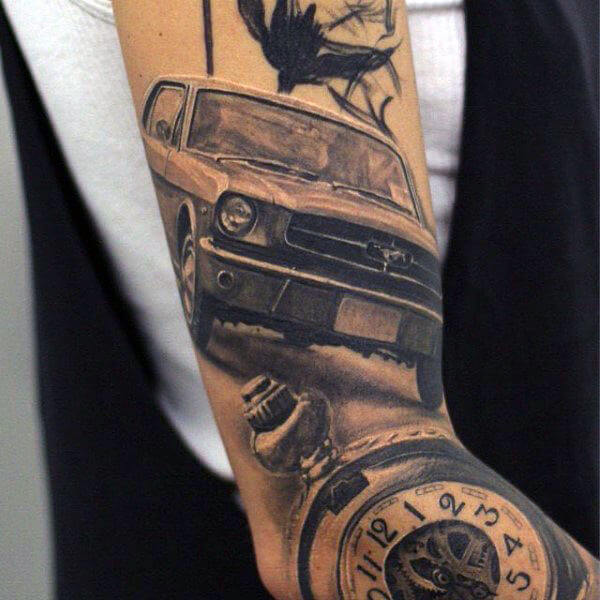 ford mustang car and clock tattoo