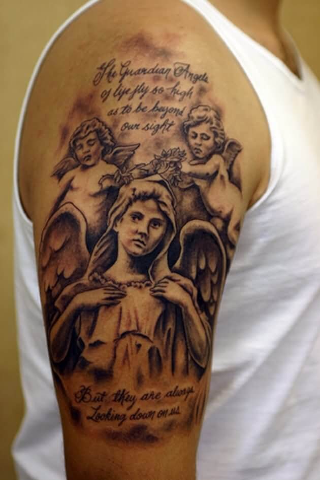 half sleeve guardian angel with bible verse tattoo
