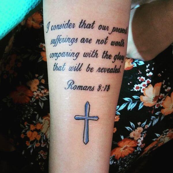 short bible scripture tattoo of romans on arm