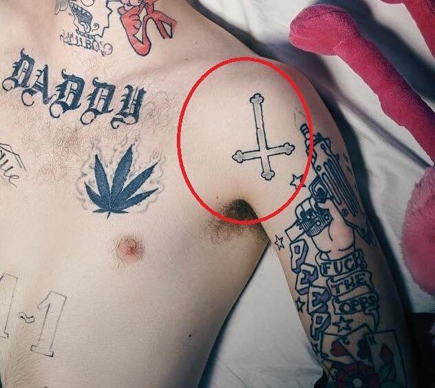 lil peep cross tattoo design on shoulder
