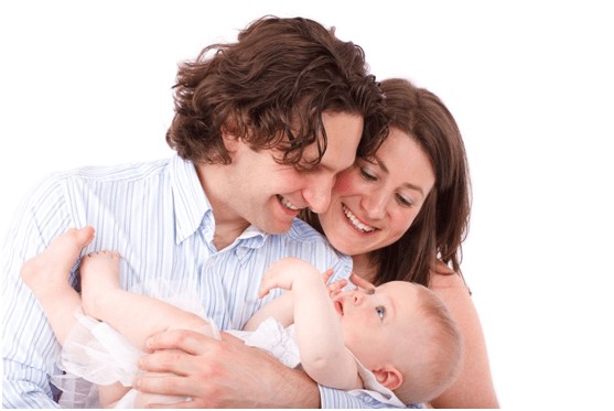 parents with new born baby album picture