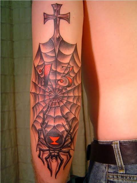 dotwork elbow spider web tattoo