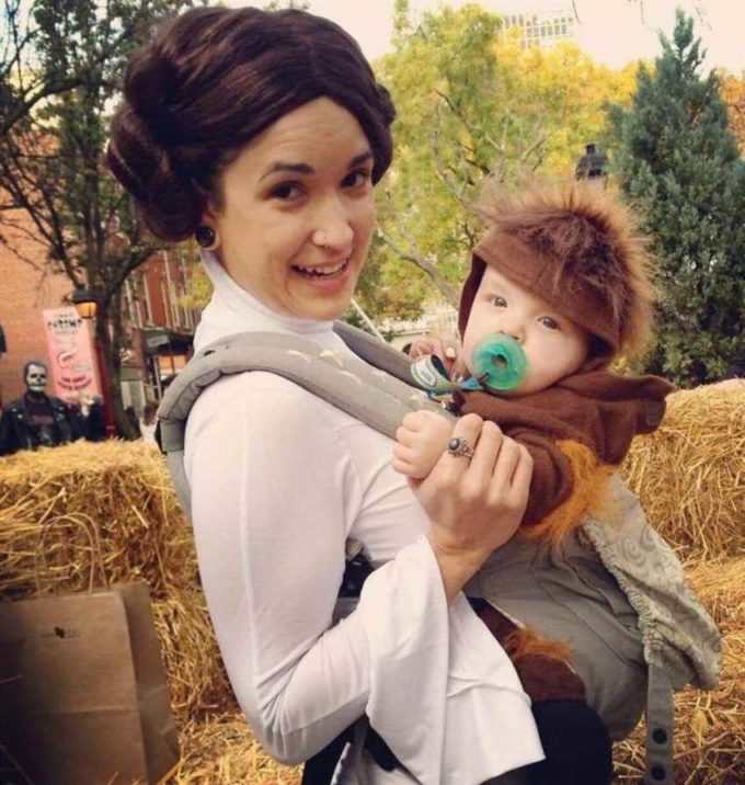 princess leia chewbacca baby carrier halloween costume idea