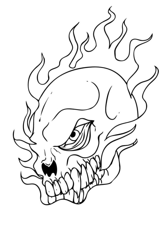 half skull on fire coloring picture