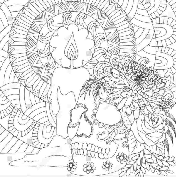 skull and candle halloween coloring picture