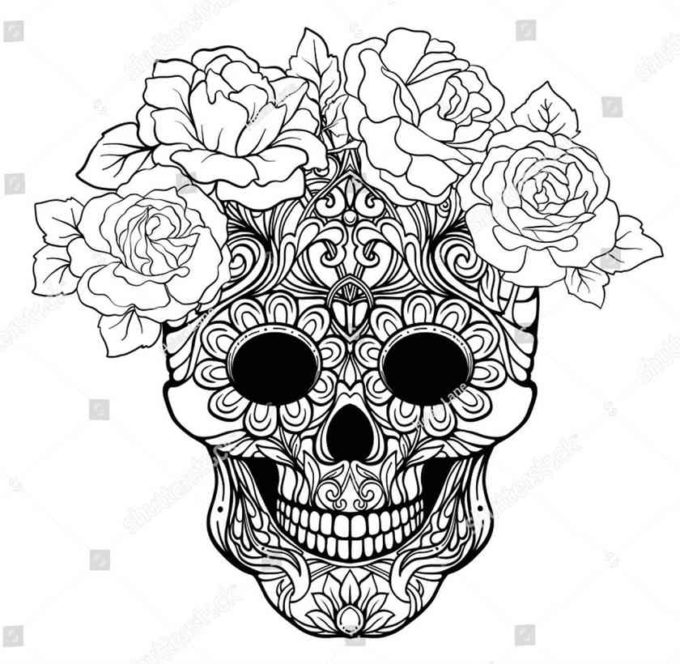 sugar skull coloring picture decorated with flowers