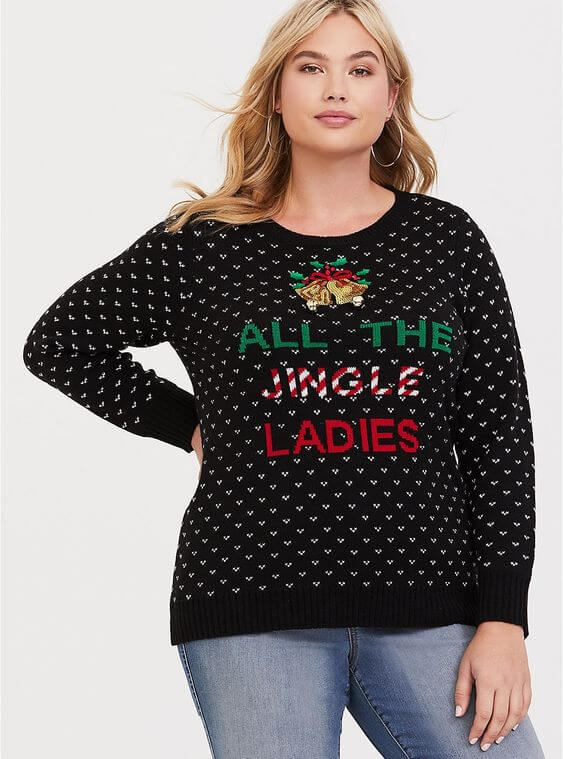 black jingle bells sweater with jeans plus size outfit for christmas