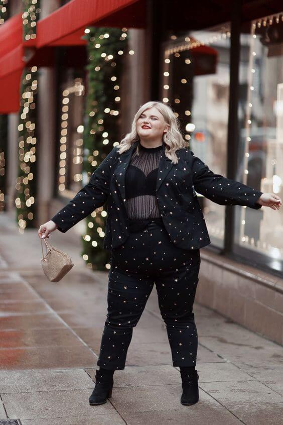 black starry suit with sheer blouse for Christmas street look