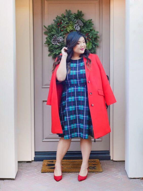 pretty blue dress and a dashing red coat christmas outfit