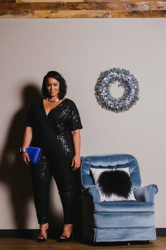 black sequin jumpsuit plus size outfit for Christmas party