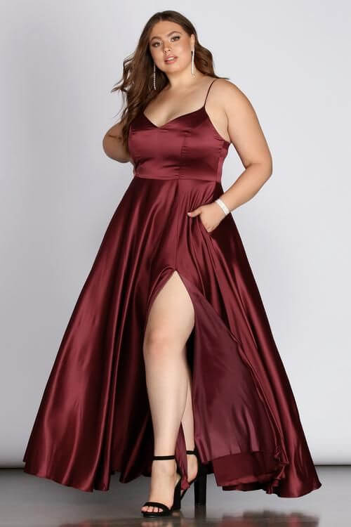 ruby colored slit silk dress for christmas parties