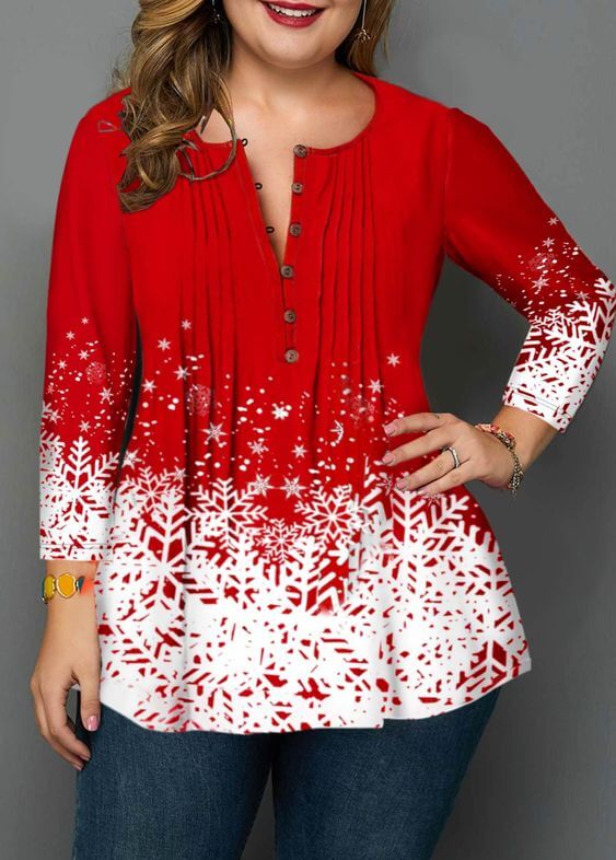 beautiful red with white christmas snowflakes top plus size