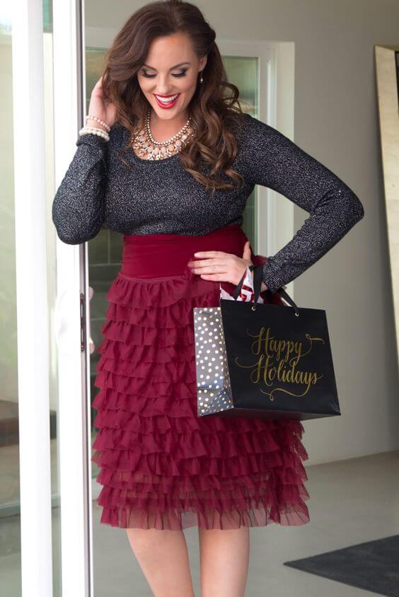 plus size christmas party grey and maroon tulle skirt outfit
