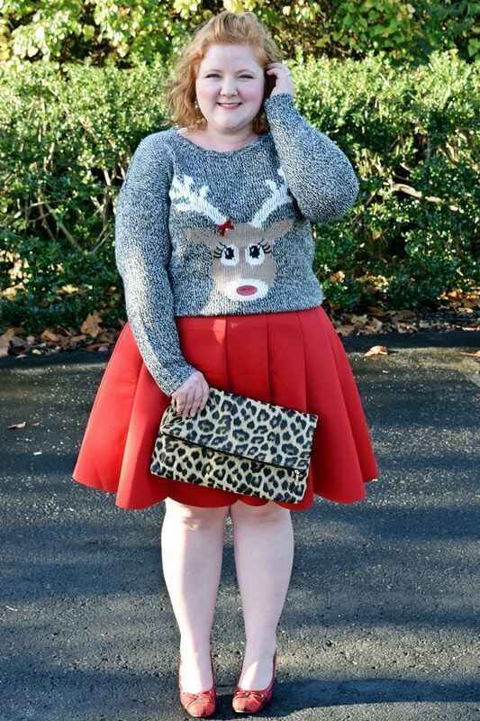 grey reindeer jumper with red skirt for curvy ladies