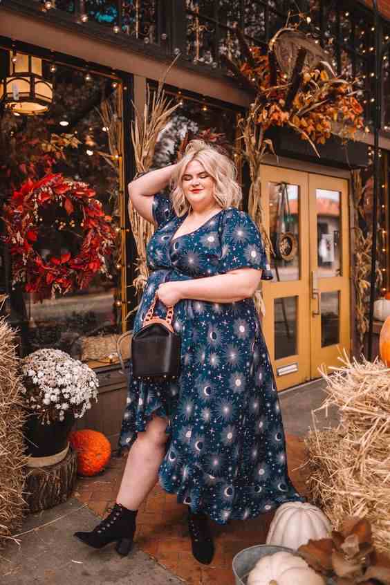 pretty blue slit christmas dress with black ankle boots for curvy women