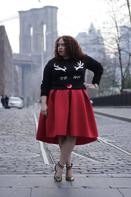 reindeer black ugly christmas sweater with red midi skirt plus size fashion