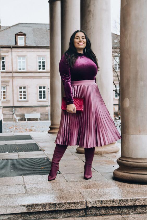 velvet purple blouse with midi skirt christmas outfit ideas for plus size women