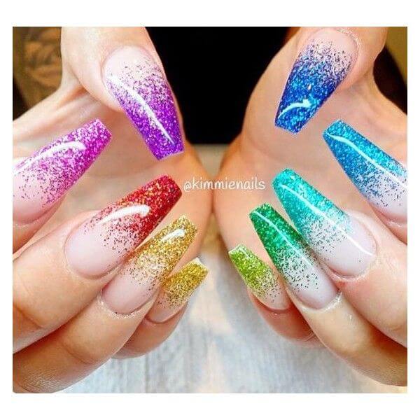 cute long acrylic coffin glitter gel rainbow tip nude birthday nails art ideas