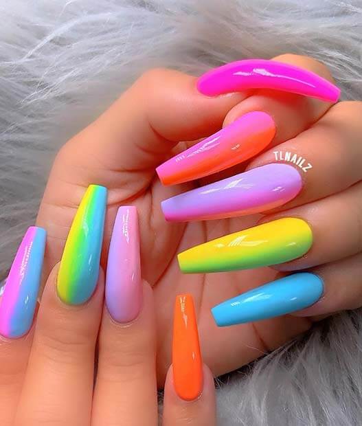 long acrylic coffin neon themed birthday nails art ideas