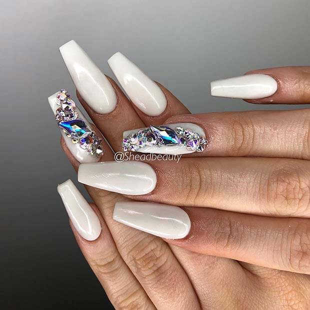 cute white coffin birthday nails ideas with rhinestones