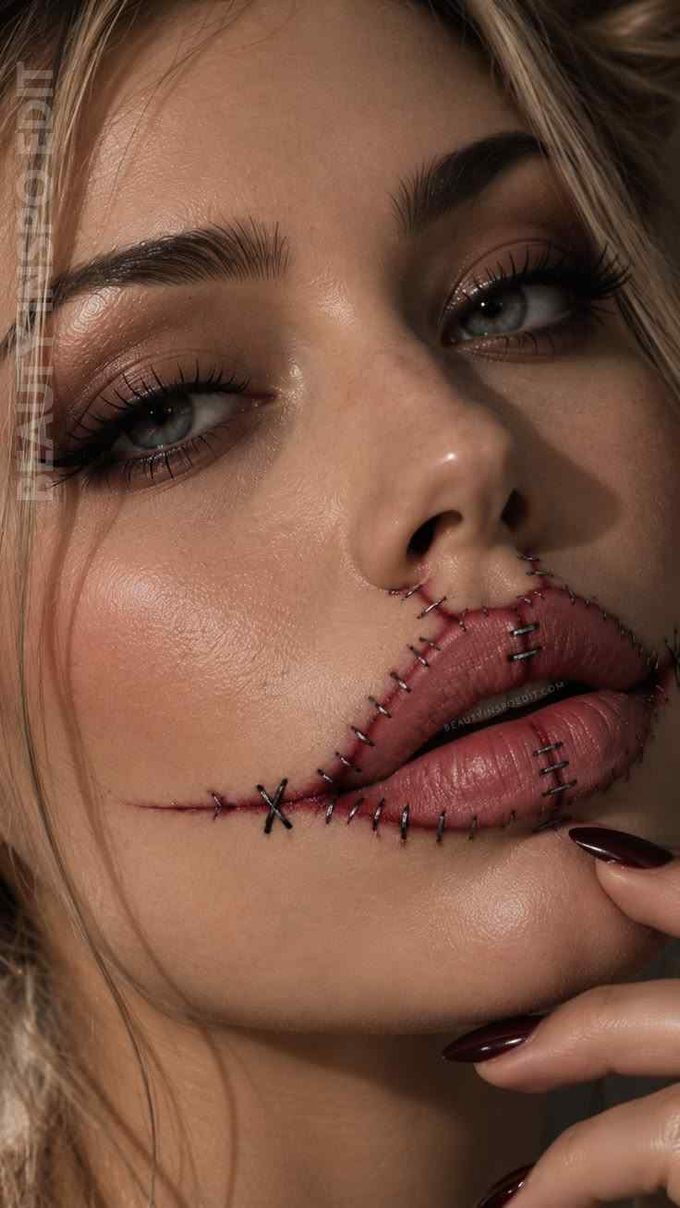 bloody Halloween makeup with stitched lips for a chilling horror inspired Halloween look